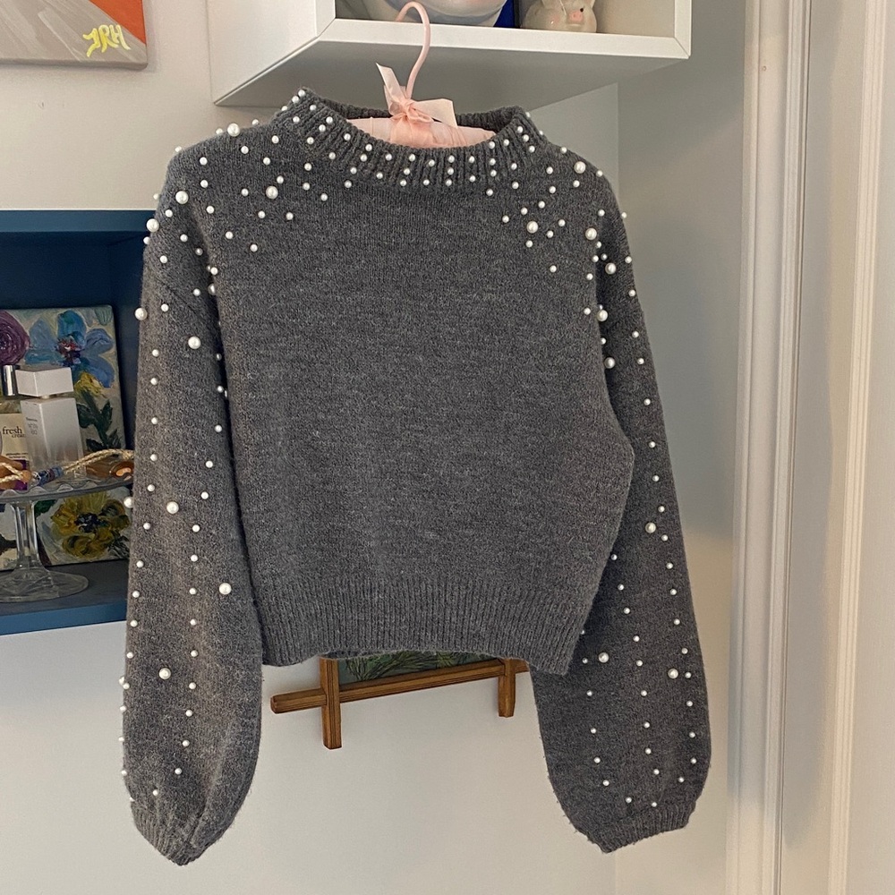 Charcoal Pearl-Studded Women's Sweater